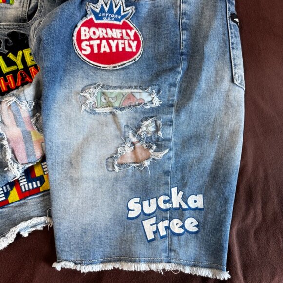 VINTAGE Born Fly Jean Shorts Distressed Sour Patch Candy Theme JNCO Y2K SKATER - Picture 10 of 14